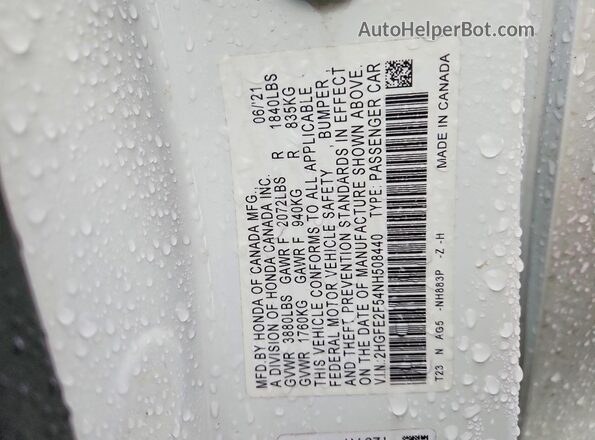 2HGFE2F54NH508440 2022 HONDA CIVIC White Widok naklejki z numerem VIN