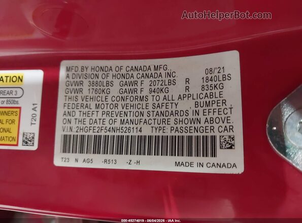 2HGFE2F54NH526114 2022 HONDA CIVIC Red Vista del compartimento del motor