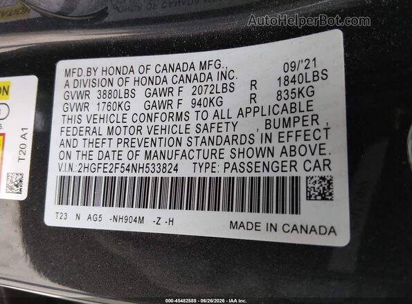 2HGFE2F54NH533824 2022 HONDA CIVIC Silver Շարժիչի բաժամունքի տեսք