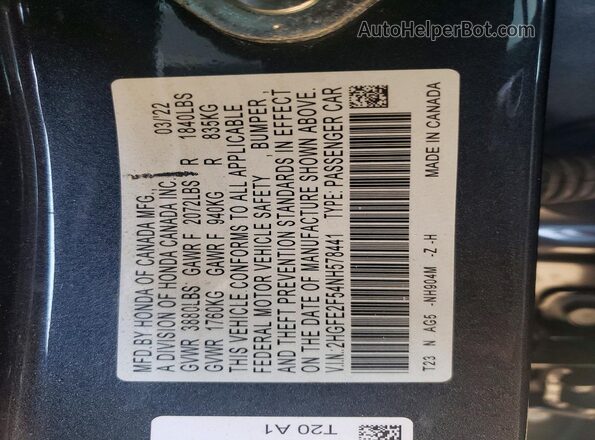 2HGFE2F54NH578441 2022 HONDA CIVIC Charcoal Widok komory silnika
