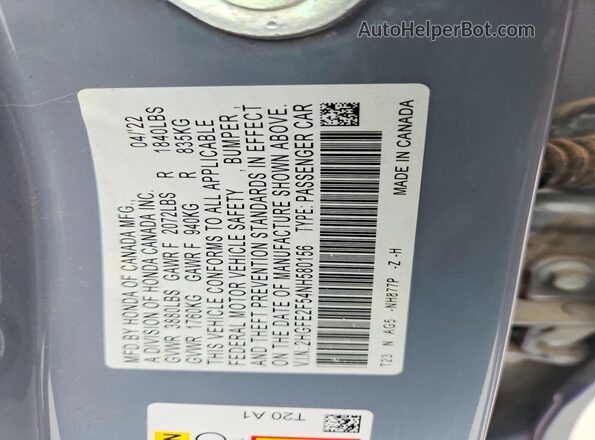 2HGFE2F54NH580156 2022 HONDA CIVIC Gray Vista del compartimento del motor