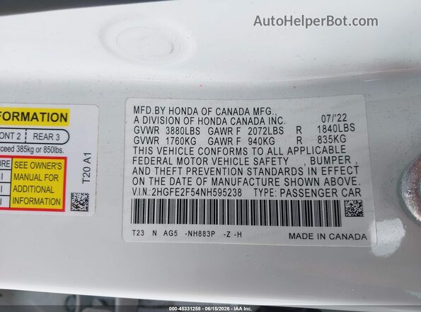 2HGFE2F54NH595238 2022 HONDA CIVIC White ძრავის განყოფილების ხედი