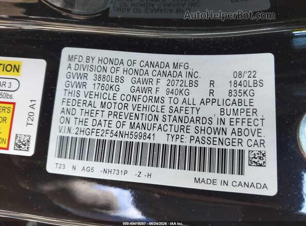 2HGFE2F54NH599841 2022 HONDA CIVIC Black Widok komory silnika