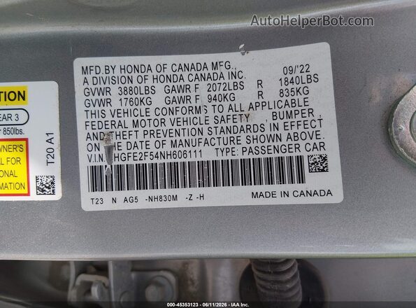 2HGFE2F54NH606111 2022 HONDA CIVIC Silver ძრავის განყოფილების ხედი