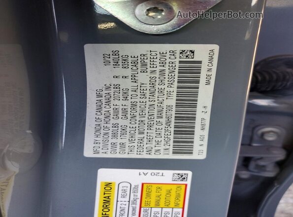 2HGFE2F54NH607906 2022 HONDA CIVIC Gray Շարժիչի բաժամունքի տեսք