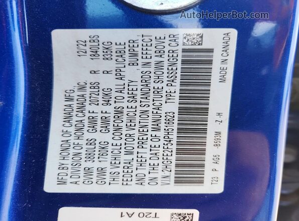 2HGFE2F54PH516623 2023 HONDA CIVIC Синий Вид подкапотного пространства