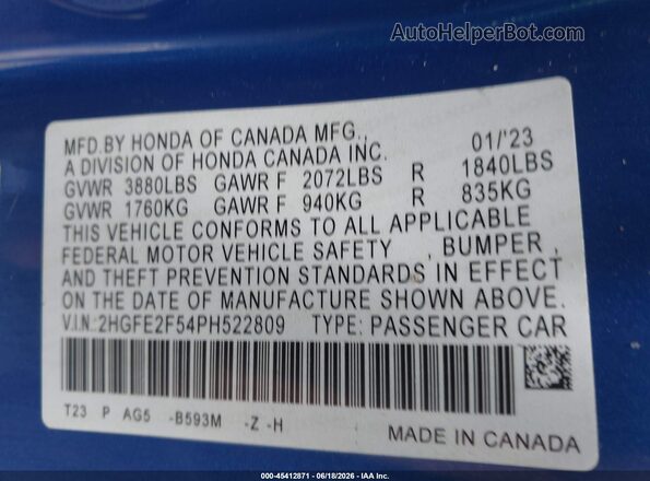 2HGFE2F54PH522809 2023 HONDA CIVIC Blue ძრავის განყოფილების ხედი