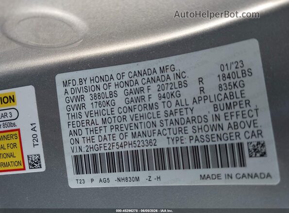 2HGFE2F54PH523362 2023 HONDA CIVIC Silver Vista del compartimento del motor