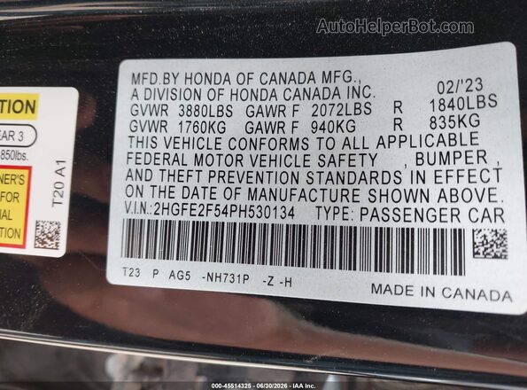 2HGFE2F54PH530134 2023 HONDA CIVIC Black Widok komory silnika