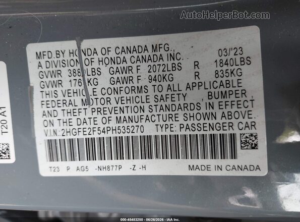 2HGFE2F54PH535270 2023 HONDA CIVIC Gray Widok komory silnika