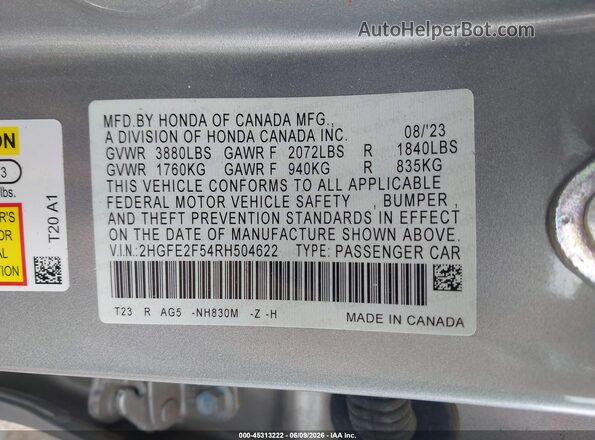 2HGFE2F54RH504622 2024 HONDA CIVIC Silver Widok komory silnika
