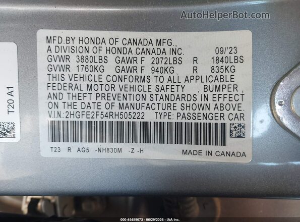 2HGFE2F54RH505222 2024 HONDA CIVIC Silver Vista del compartimento del motor