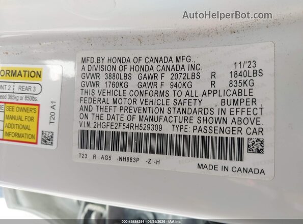 2HGFE2F54RH529309 2024 HONDA CIVIC White Widok komory silnika