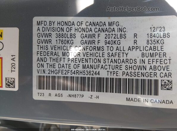 2HGFE2F54RH536244 2024 HONDA CIVIC Gray Engine compartment view