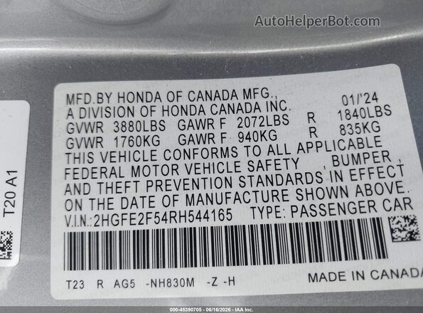 2HGFE2F54RH544165 2024 HONDA CIVIC Silver Engine compartment view