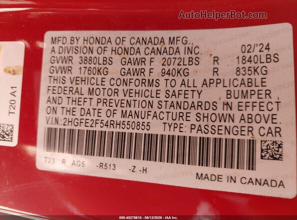 2HGFE2F54RH550855 2024 HONDA CIVIC Red 
