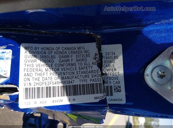 2HGFE2F54RH563847 2024 HONDA CIVIC Blue Widok komory silnika