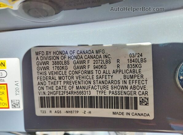 2HGFE2F54RH566313 2024 HONDA CIVIC Gray Շարժիչի բաժամունքի տեսք