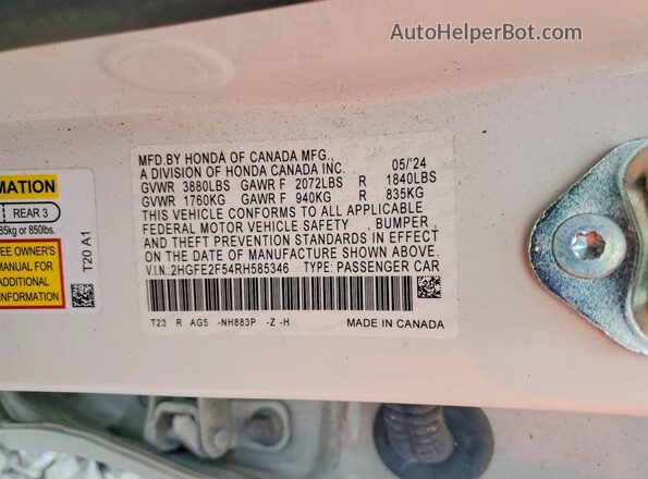2HGFE2F54RH585346 2024 HONDA CIVIC White VIN კოდის სტიკერის ხედი