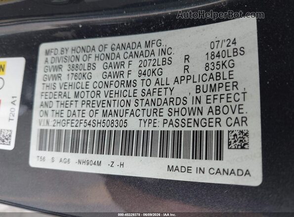 2HGFE2F54SH508305 2025 HONDA CIVIC Gray Engine compartment view