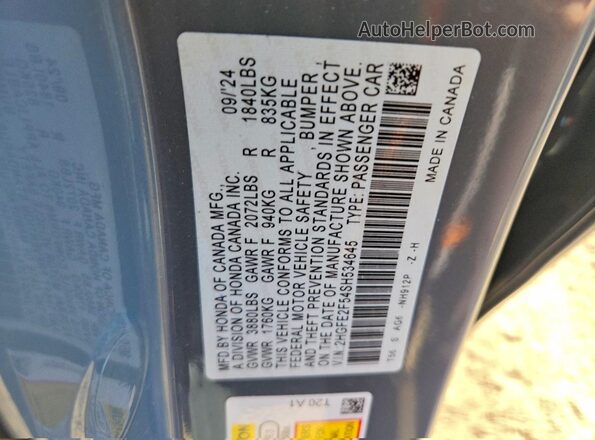 2HGFE2F54SH534645 2025 HONDA CIVIC Gray Շարժիչի բաժամունքի տեսք