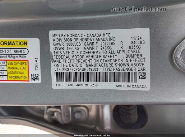 2HGFE2F54SH549503 2025 HONDA CIVIC Silver Շարժիչի բաժամունքի տեսք