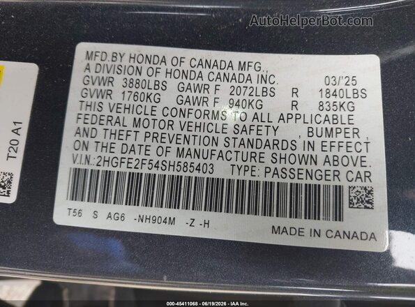 2HGFE2F54SH585403 2025 HONDA CIVIC Gray Engine compartment view