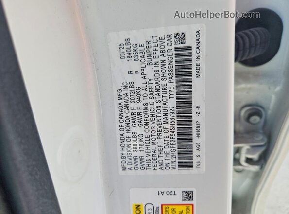 2HGFE2F54SH587927 2025 HONDA CIVIC White Widok naklejki z numerem VIN