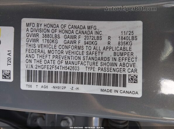 2HGFE2F54TH542603 2026 HONDA CIVIC Серый Вид подкапотного пространства