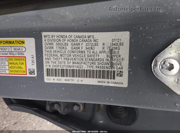 2HGFE2F55NH514022 2022 HONDA CIVIC Gray Շարժիչի բաժամունքի տեսք