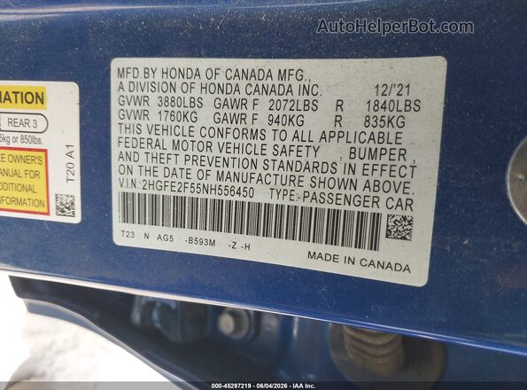 2HGFE2F55NH556450 2022 HONDA CIVIC Blue Вид підкапотного простору