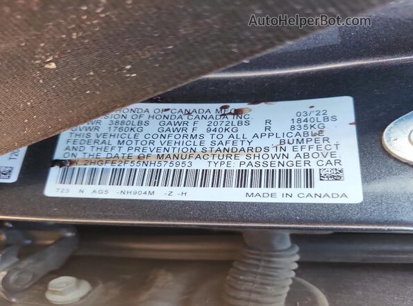 2HGFE2F55NH575953 2022 HONDA CIVIC Gray 