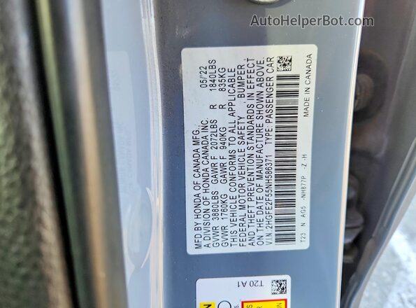 2HGFE2F55NH586371 2022 HONDA CIVIC Gray VIN კოდის სტიკერის ხედი