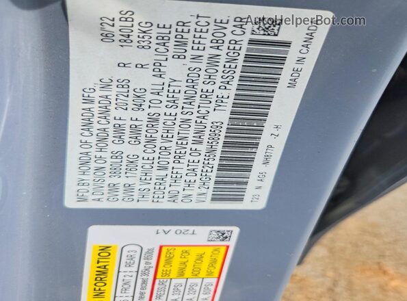 2HGFE2F55NH589593 2022 HONDA CIVIC Gray 