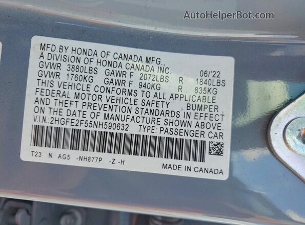 2HGFE2F55NH590632 2022 HONDA CIVIC Blue 