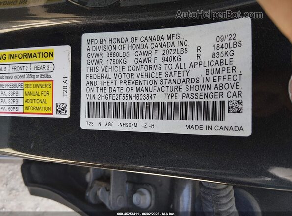 2HGFE2F55NH603847 2022 HONDA CIVIC Gray Widok komory silnika