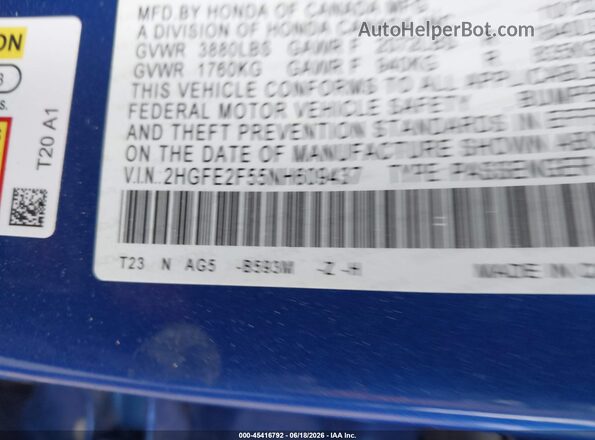 2HGFE2F55NH609437 2022 HONDA CIVIC Blue ძრავის განყოფილების ხედი
