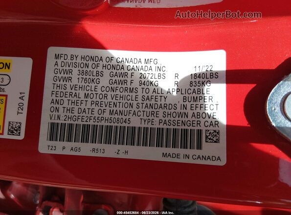 2HGFE2F55PH508045 2023 HONDA CIVIC Red Vista del compartimento del motor