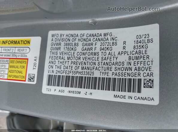 2HGFE2F55PH533625 2023 HONDA CIVIC Silver Շարժիչի բաժամունքի տեսք