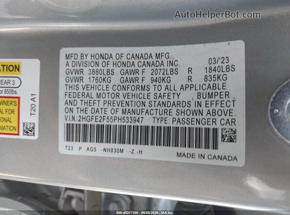 2HGFE2F55PH533947 2023 HONDA CIVIC Silver Vista del compartimento del motor