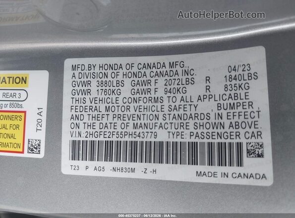 2HGFE2F55PH543779 2023 HONDA CIVIC Silver 