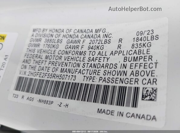 2HGFE2F55RH507173 2024 HONDA CIVIC Белый Вид подкапотного пространства