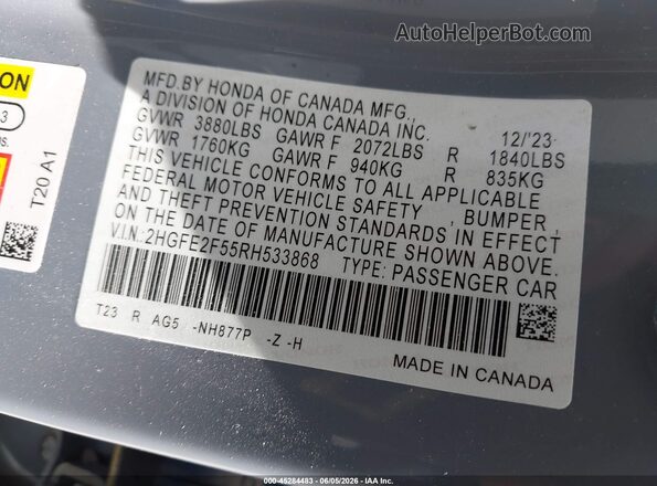2HGFE2F55RH533868 2024 HONDA CIVIC Gray Vista del compartimento del motor
