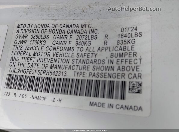 2HGFE2F55RH542313 2024 HONDA CIVIC White Շարժիչի բաժամունքի տեսք