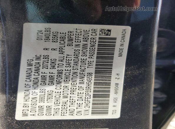 2HGFE2F55RH549598 2024 HONDA CIVIC Charcoal Vista de la etiqueta del VIN