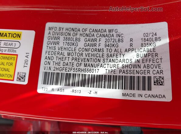 2HGFE2F55RH556017 2024 HONDA CIVIC Red Vista del compartimento del motor