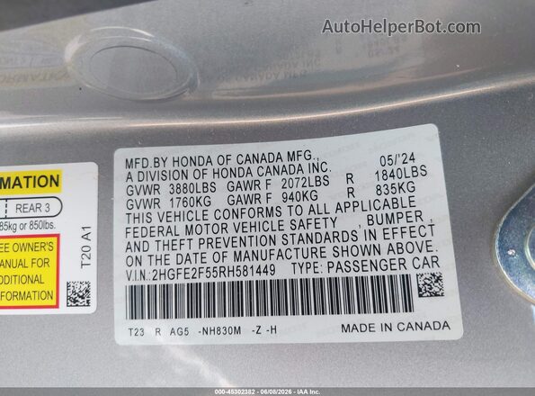 2HGFE2F55RH581449 2024 HONDA CIVIC Silver ძრავის განყოფილების ხედი