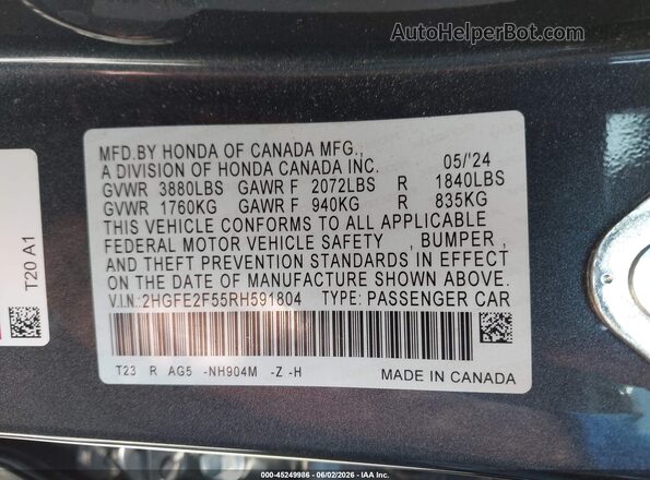 2HGFE2F55RH591804 2024 HONDA CIVIC Gray Вид підкапотного простору