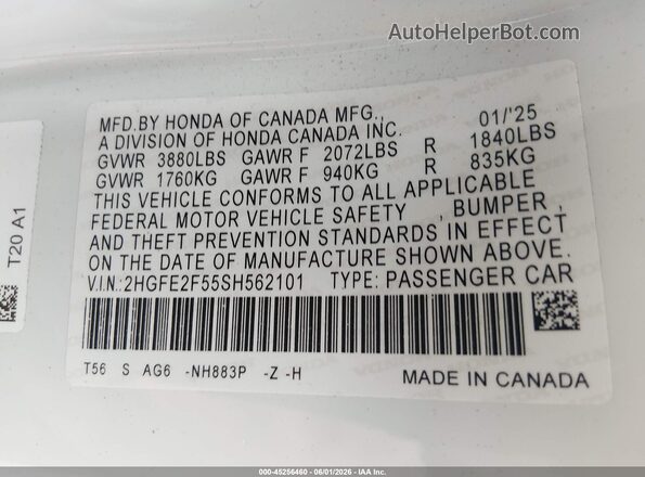 2HGFE2F55SH562101 2025 HONDA CIVIC White Շարժիչի բաժամունքի տեսք