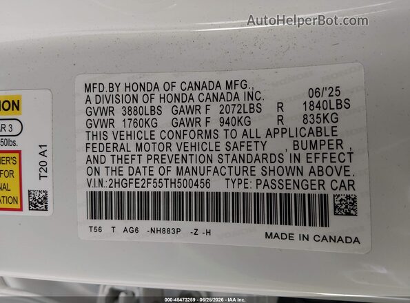 2HGFE2F55TH500456 2026 HONDA CIVIC Белый Вид спереди
